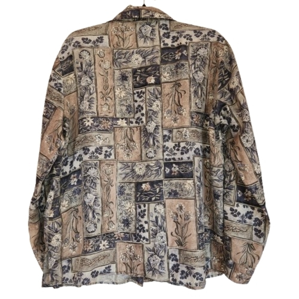 Casual Corner 100% Silk Floral Patchwork Vibe Blouse Size L Brown/Blue/Green - Picture 2 of 10